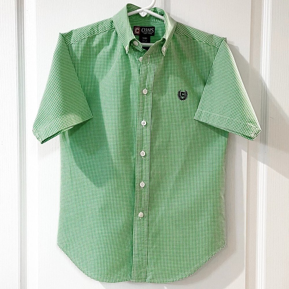 Chaps Boys Green & White Check Button Down Short Sleeve Shirt Size 8 Small